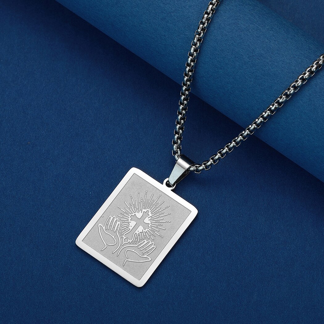 Religious Pendant Hands and Cross Sign Necklace Square Cross Pendant