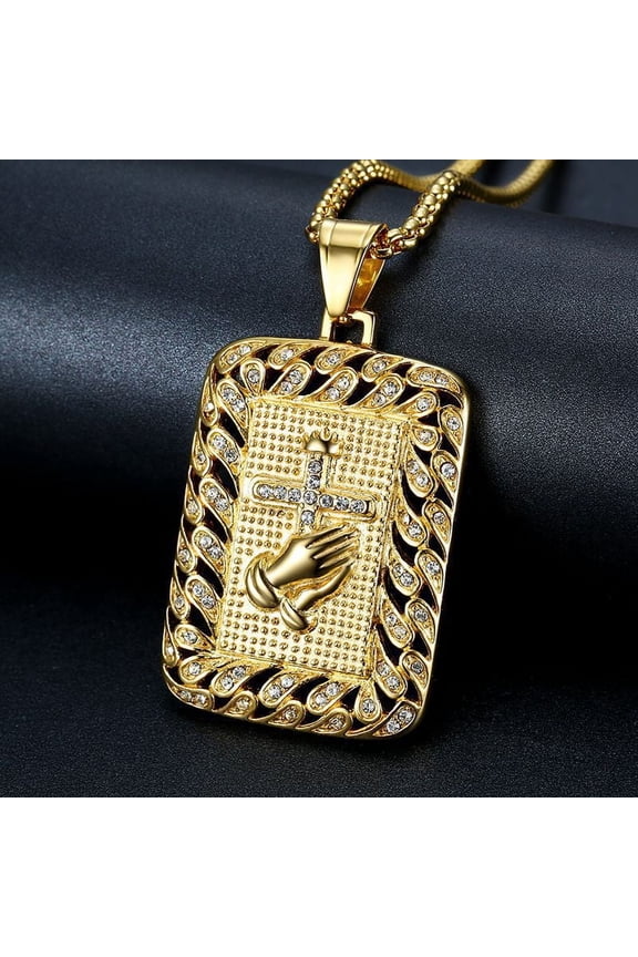 Religious Praying Hands Cross Pendant Male 14K Yellow Gold Christian Square Necklaces for Men Jewelry Gift
