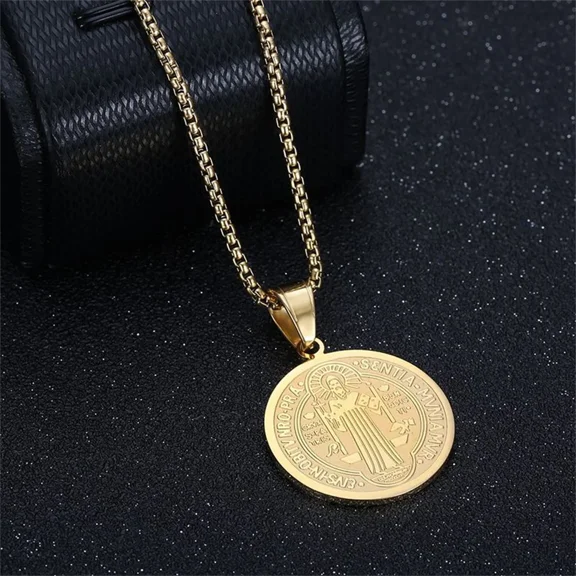 Religious San Benito Holy Medal Pendant Golden Color 14K Yellow Gold Jesus Cross Round Necklace for Women Men Fashion Jewelry Gift
