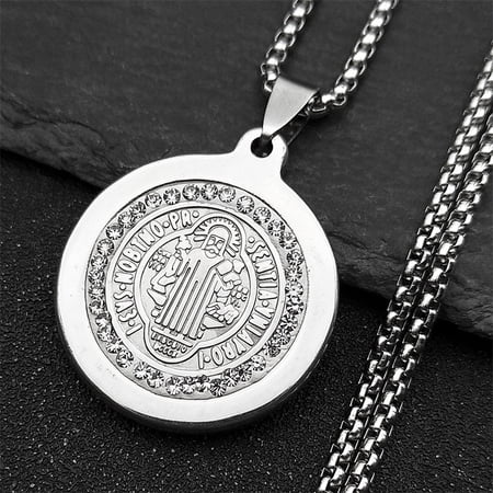 Religious San Benito Medal 14K White Gold Pendant Chain Silver Color Cross Jesus Saint Benedict Necklaces for Women Men Jewelry