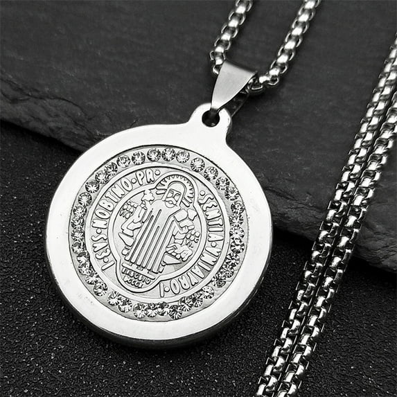 Religious San Benito Medal 14K White Gold Pendant Chain Silver Color Cross Jesus Saint Benedict Necklaces for Women Men Jewelry