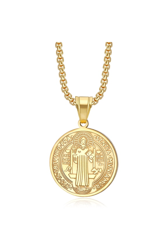Religious San Benito Medal Pendant 14K Yellow Gold Chain Golden Silver Color Cross Jesus Saint Benedict Necklaces for Women Men Jewelry