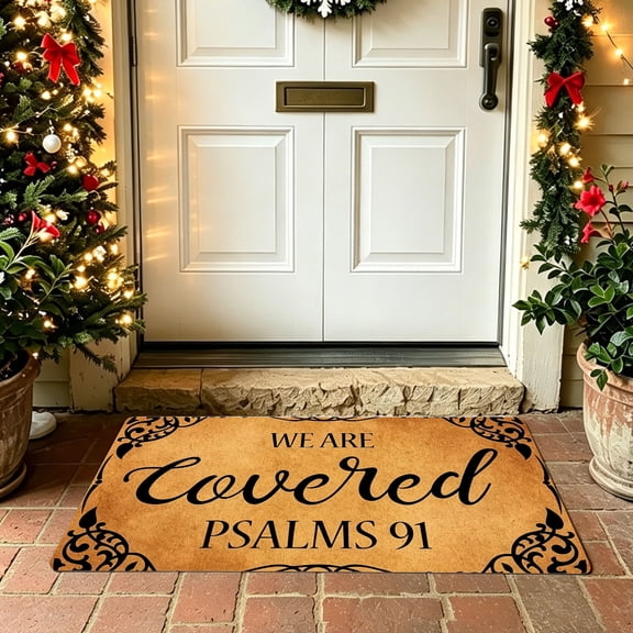 Religious Scripture WE ARE Covered PSALMS 91 Ornate Frame Print Polyester Doormat,Multi‑Size,Entryway Indoor Home Decor