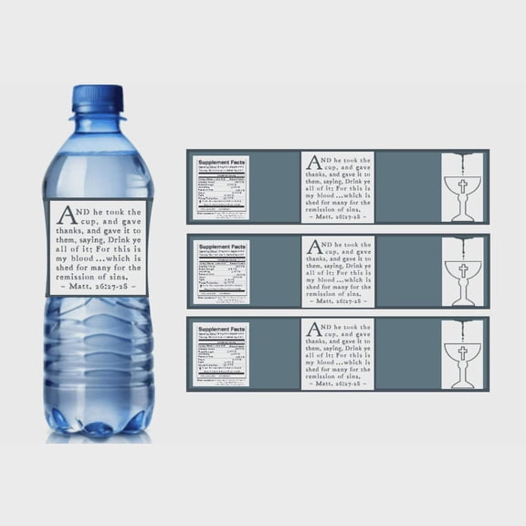 Religious Scripture Water Bottle Labels, Matthew 26:27-28 Bible Verse Design, 8.5 x 2 inches, Set of 12