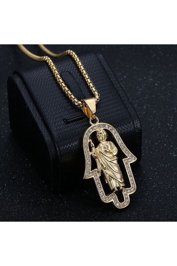 Religious Series Christian Jesus Shepherd Catholic Hand of Fatima 14K Yellow Gold Pendant Necklace with rhinestone For Men Necklace Chain Punk
