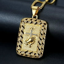 Religious Square Praying Hands Cross Pendant Necklace for Women/Men 14K Yellow Gold Christian Necklaces Male Jewelry