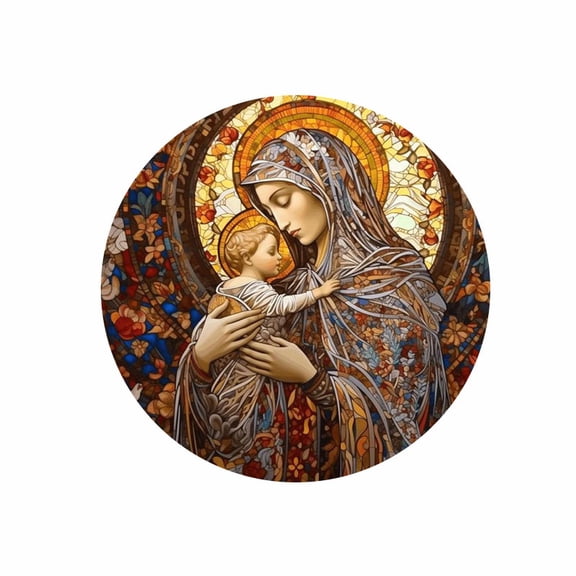 Religious Stained Glass Virgin Mary and Child Round Mouse Pad 7.87 inch Rubber Desk Accessory