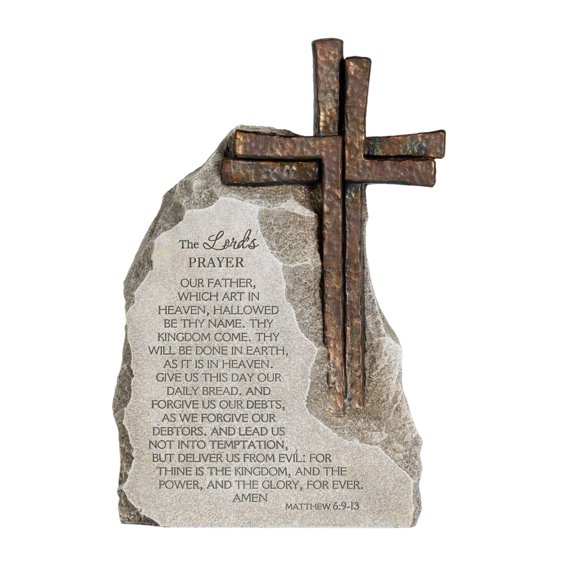 Religious Stone Tablet with Bronze Cross Lord's Prayer Decoration 9.4 Inches