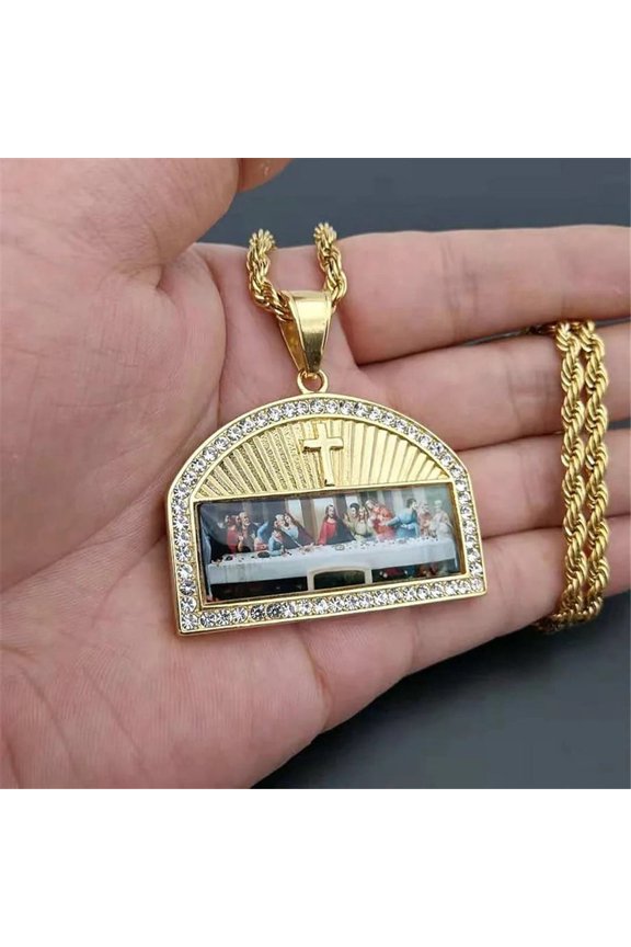 Religious The Last Supper Pendant Necklace For Men 14K Yellow Gold Iced Out Bling Cross Necklace Male Jewelry