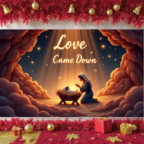 Religious Theme Nativity Banner Nativity Scene Christmas Display Starry Design Warm Glow Jesus Birth Backdrop for Christmas Decoration Church Event Religious Gathering