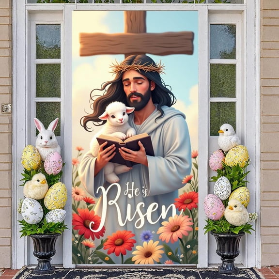 Religious Theme Resurrection Banner Easter Easter Display Floral Decoration Cross Design Risen Backdrop for Easter Celebration Church Event Religious Gathering