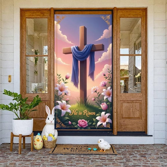 Religious Theme Resurrection Banner Easter Easter Display Floral Decoration Cross Design Risen Backdrop for Easter Celebration Church Event Religious Gathering