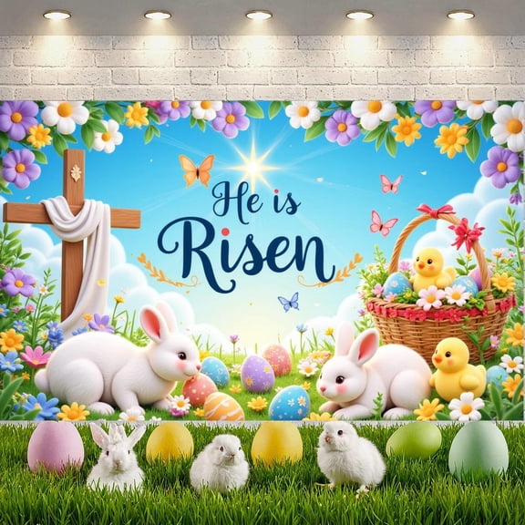 Religious Theme He is Risen Banner Easter Resurrection Display Colorful Flowers Butterfly Decor Easter Backdrop for Easter Celebration Resurrection Sunday Church Event