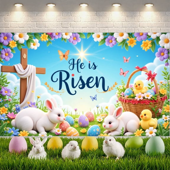 Religious Theme He is Risen Banner Easter  Resurrection Display Colorful Flowers Butterfly Decor Easter Backdrop for Easter Celebration Resurrection Sunday Church Event