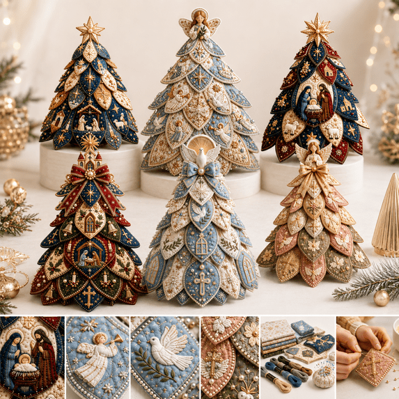 Religious-Themed Beaded & Quilted Christmas Tree DIY Kit, DIY Patchwork Fabric Tree Craft Set with Angel Nativity and Christmas Symbols, 3D Handmade Holiday Decor for Home