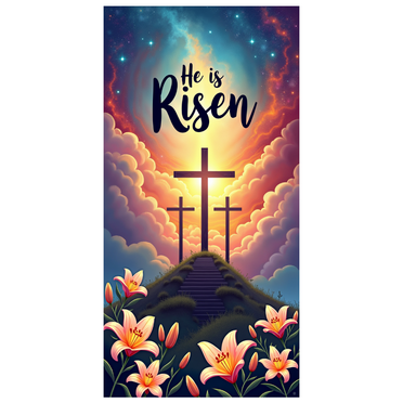 Religious Themed Cloudy Background Easter Backdrop Banner with Crosses and Lilies He is Risen Party Decorations Photography Props Church Events Celebration Decor