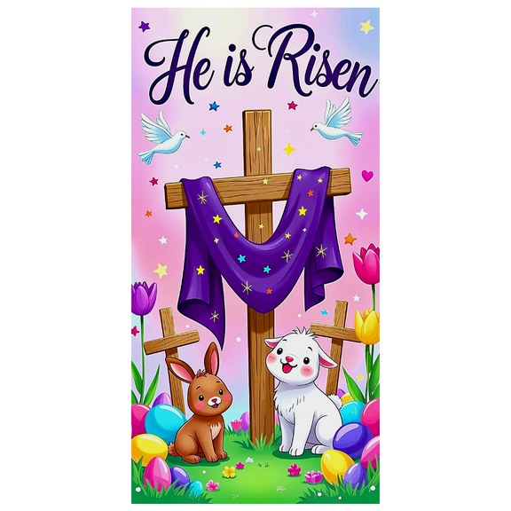 Religious Themed Easter Backdrop Banner with Cross Dove Lamb and Eggs Easter Celebration Party Decorations Church Events Photo Props Easter Festival Decor Background