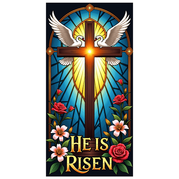 Religious Themed Easter Banner with Cross Dove and Floral Elements, He is Risen Decoration, Background for Church Services, Easter Parties, Family Gatherings, Photography Backdrop, Party Decorations