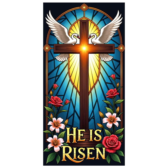 Religious Themed Easter Banner with Cross Dove and Floral Elements, He is Risen Decoration, Background for Church Services, Easter Parties, Family Gatherings, Photography Backdrop, Party Decorations