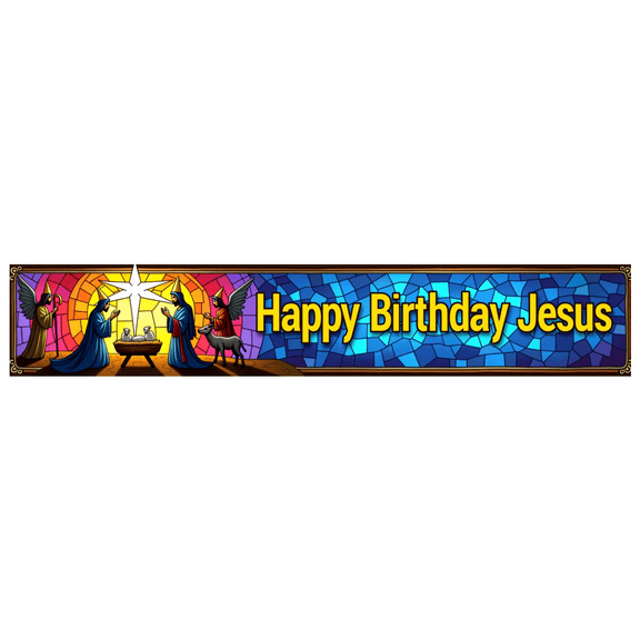 Religious Themed Happy Birthday Jesus Backdrop Banner with Angels Lambs and Star Elements Christmas Nativity Party Decoration Photography Props Holiday Celebrations Church Events