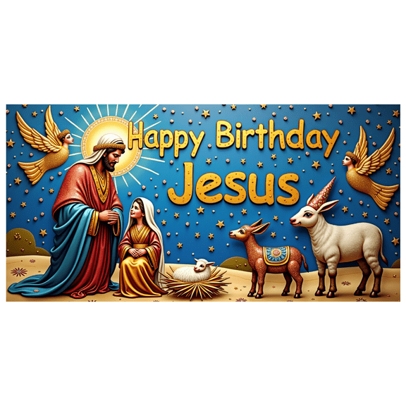 Religious Themed Happy Birthday Jesus Banner with Angels Shepherds and Lamb Christmas Party Decoration Photography Prop Backdrop Background for Church Celebrations Nativity Events Family Gatherings