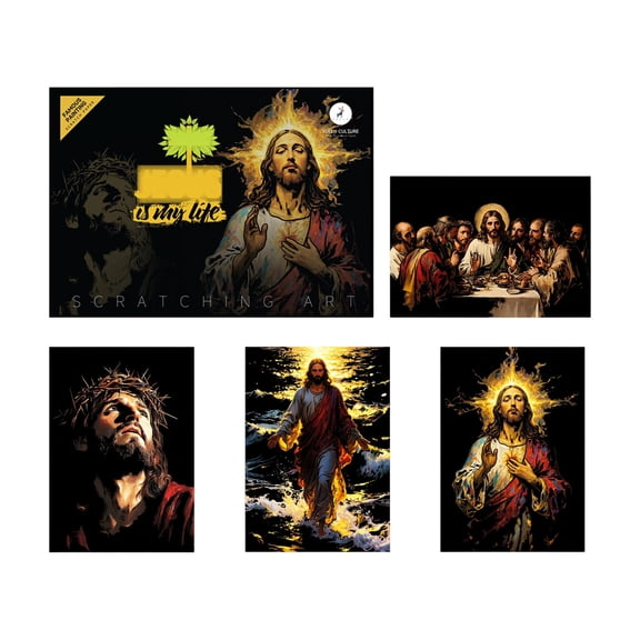 Religious Themed Scratch Craft Set with 4 Portraits Sheet for Adults Relaxation Practice and Collection Enthusiasts