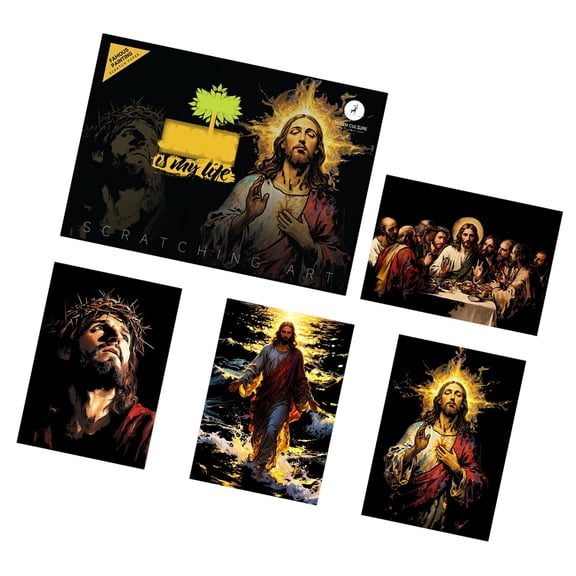 Religious Themed Scratch Craft Set with 4 Portraits Sheet for Adults Relaxation Practice and Collection Enthusiasts