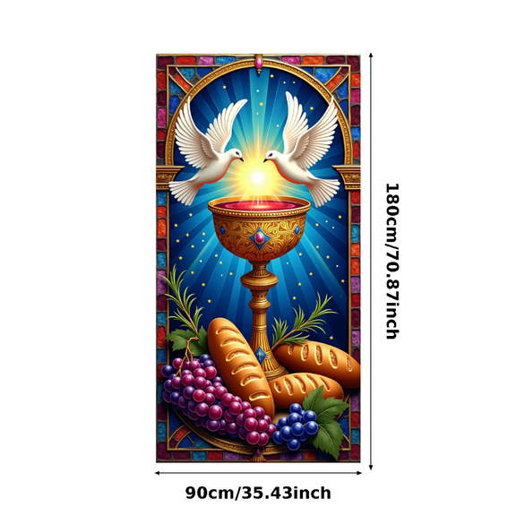Religious Themed Stained Glass Style Banner with Dove Grape Chalice and Bread Background Decoration for Church Events Communion Ceremonies Religious Parties and Prayer Gatherings
