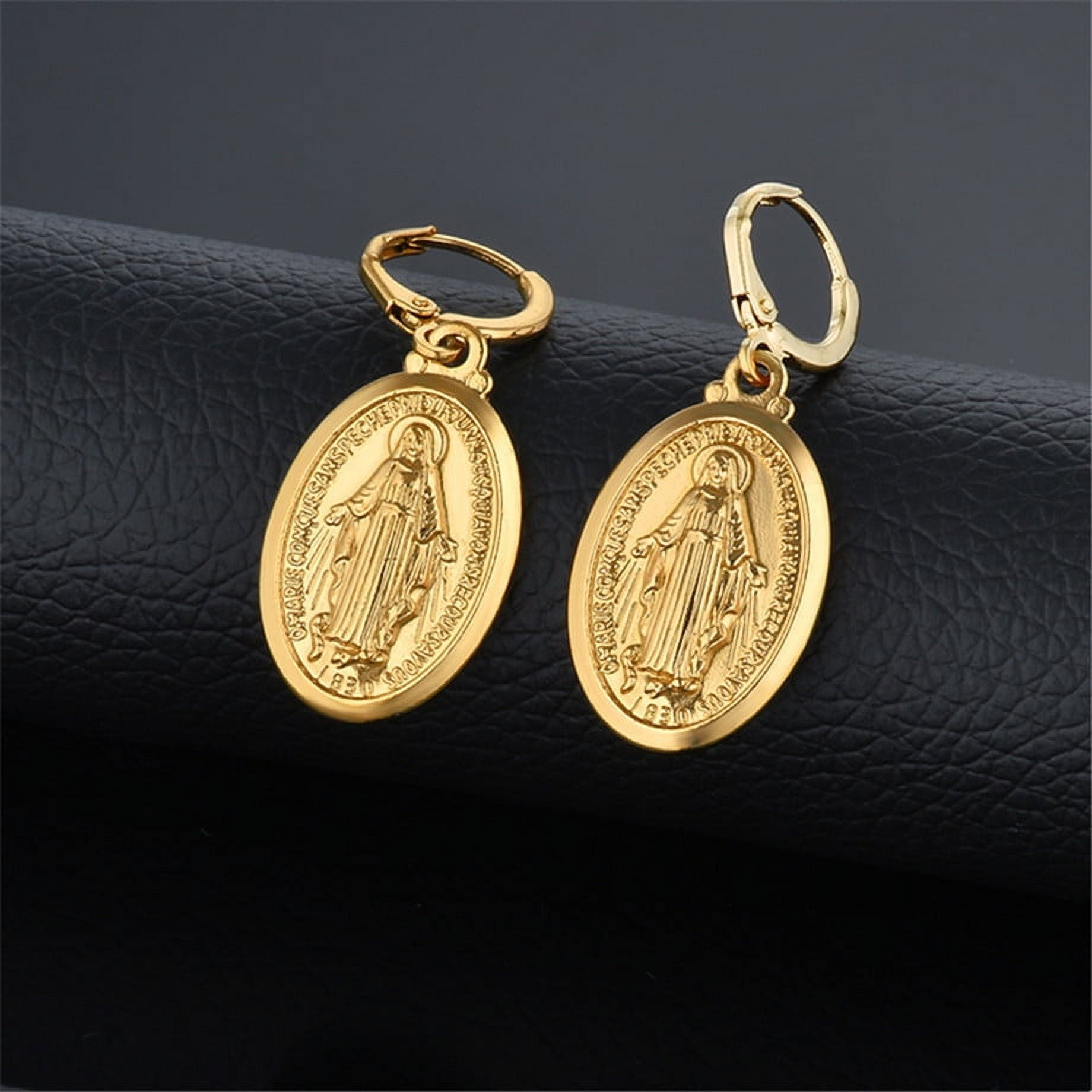 LORDGOLD Religious Virgin Mary Drop Earrings for Women 14K Yellow Gold Christian Bridal Dangle Earring Fashion Jewelry Oorbellen