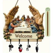 Religious Wall Art Keychain With 4 Metal Hooks Wooden Key Rack Organizer Welcome Sign Home Decor Gift 10X12Inch