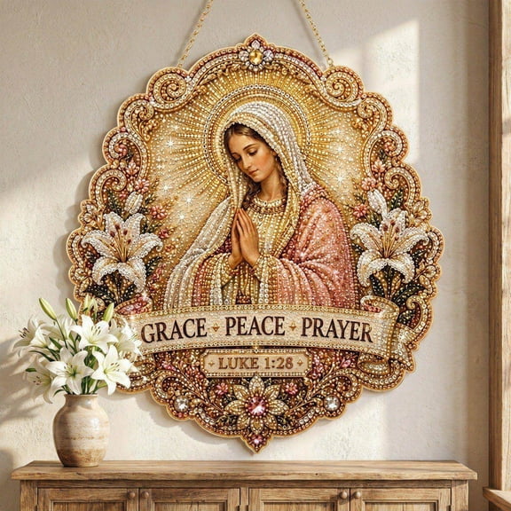 Religious Wall Decor Blessed Hanging Sign with Beaded Rhinestone and Scripture Verse 1:28, Catholic Mary Wooden Plaque for Home Chapel Door and Gift
