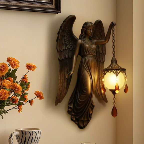 Religious Wall Lamp Hand-Carved Resin Art with Vintage LED Lighting and Gothic Motifs for Churches Chapels and Home Decor Spaces Size 7.5 x 4 x 3.5 Inches