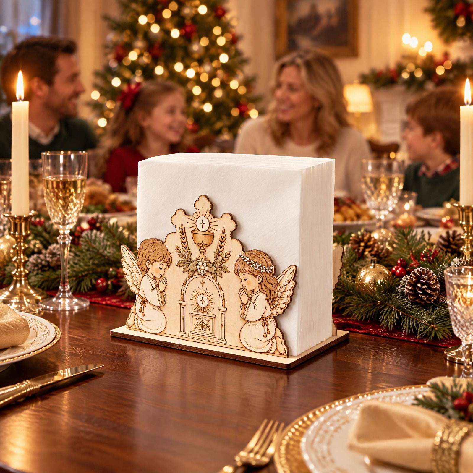Baptism Table Religious Wooden Napkin Holder, Praying Angel Figures with Communion ...