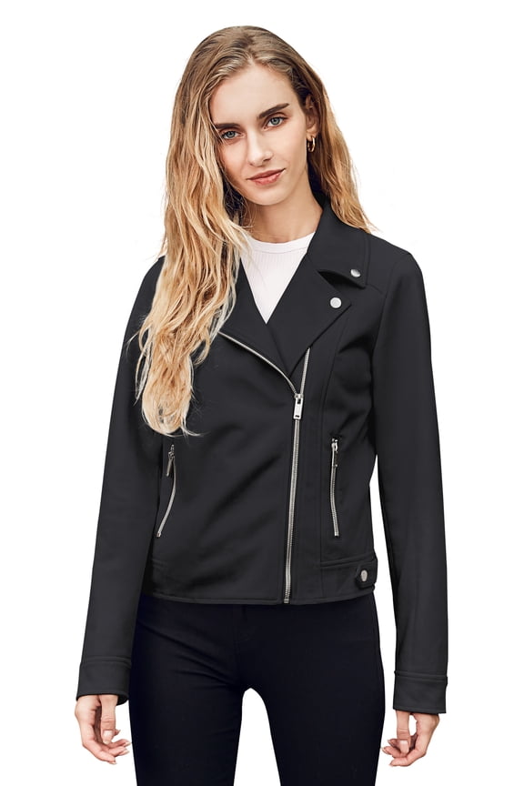 Women Notched Faux Suede Moto Biker Jacket Short Zipper Leather Jacket Sutdded Motorcycle Jacket