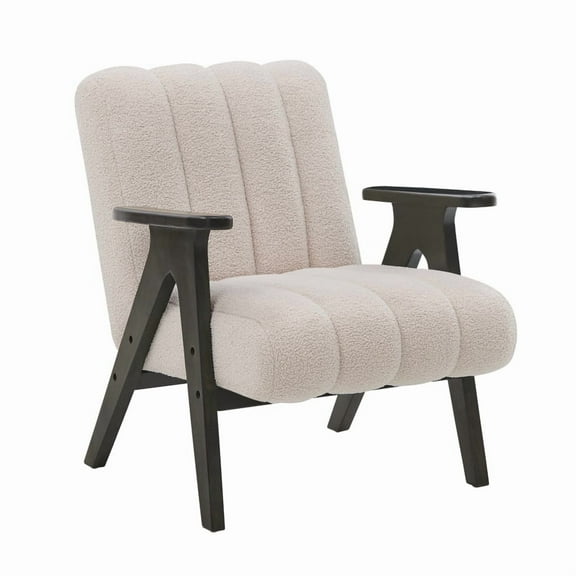 Rella Modern Teddy Sherpa Accent Chair with Espresso Wood Frame,Beige