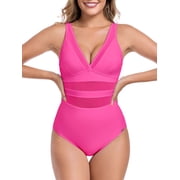 RELLECIGA Womens V Neck Mesh Splicing One Piece Swimsuits Sexy Bathing Suits for Women Hot Pink Size L