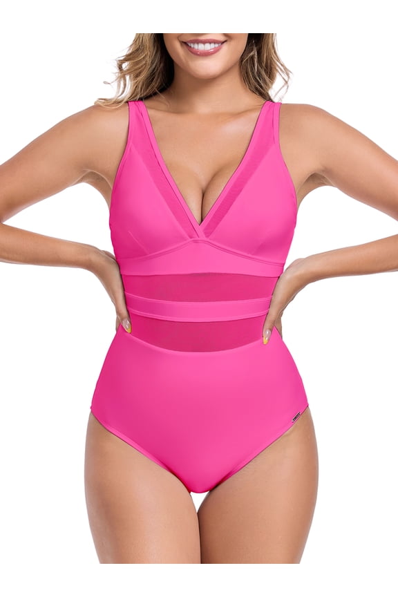 Women's V Neck Mesh Splicing One Piece Swimsuits Sexy Bathing Suits for Women Hot Pink Size L