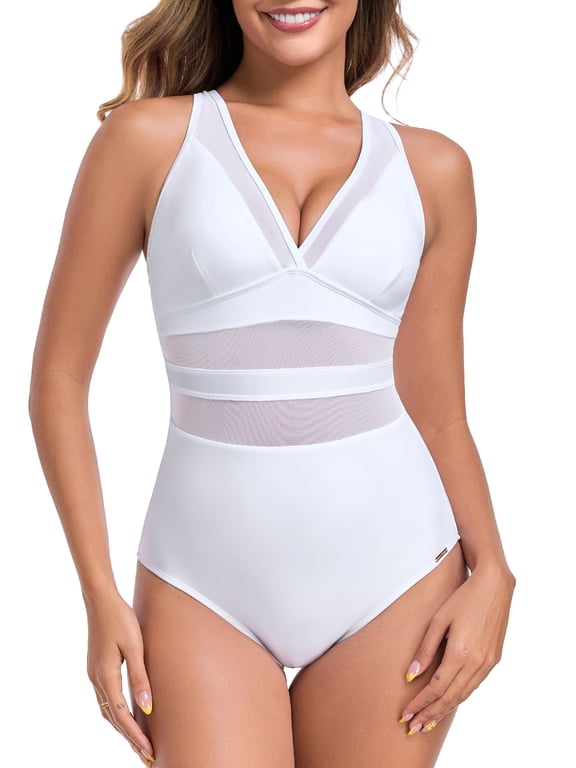 Women's V Neck Mesh Splicing One Piece Swimsuits Sexy Bathing Suits for Women White Size M