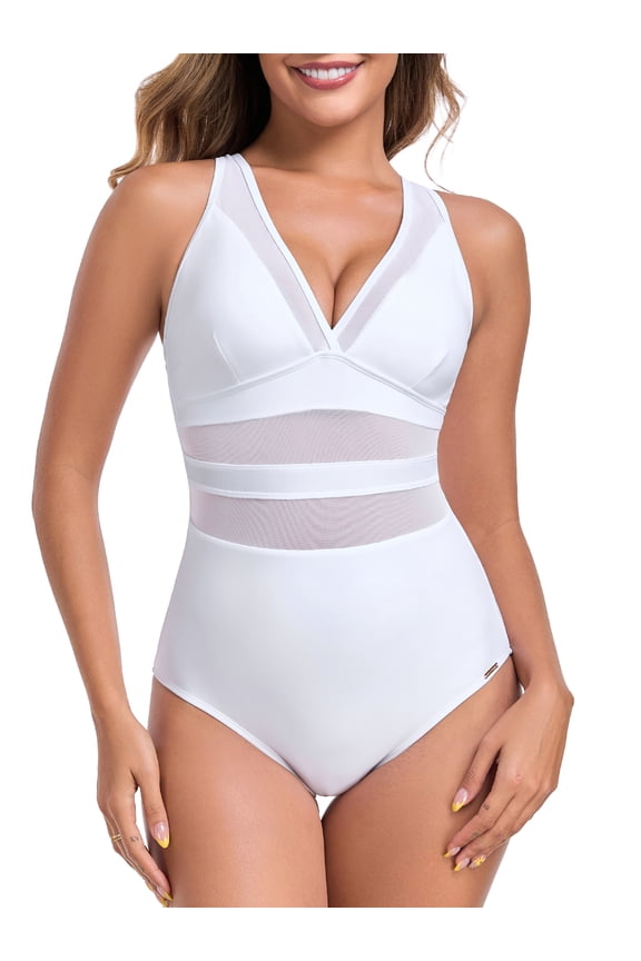 Women's V Neck Mesh Splicing One Piece Swimsuits Sexy Bathing Suits for Women White Size S
