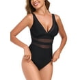 thumbnail image 1 of RELLECIGA Women's Plus Size V Neck Mesh Splicing One Piece Swimsuits Sexy Bathing Suits for Women Black Size XXL, 1 of 11