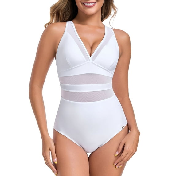 RELLECIGA Women's V Neck Mesh Splicing One Piece Swimsuits Sexy Bathing Suits for Women Size XXL