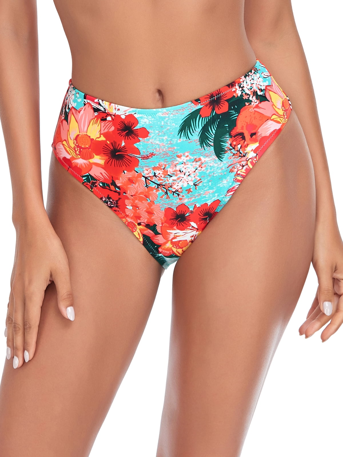 Relleciga Women's Blue Floral High Cut High Waisted Bikini Bottom