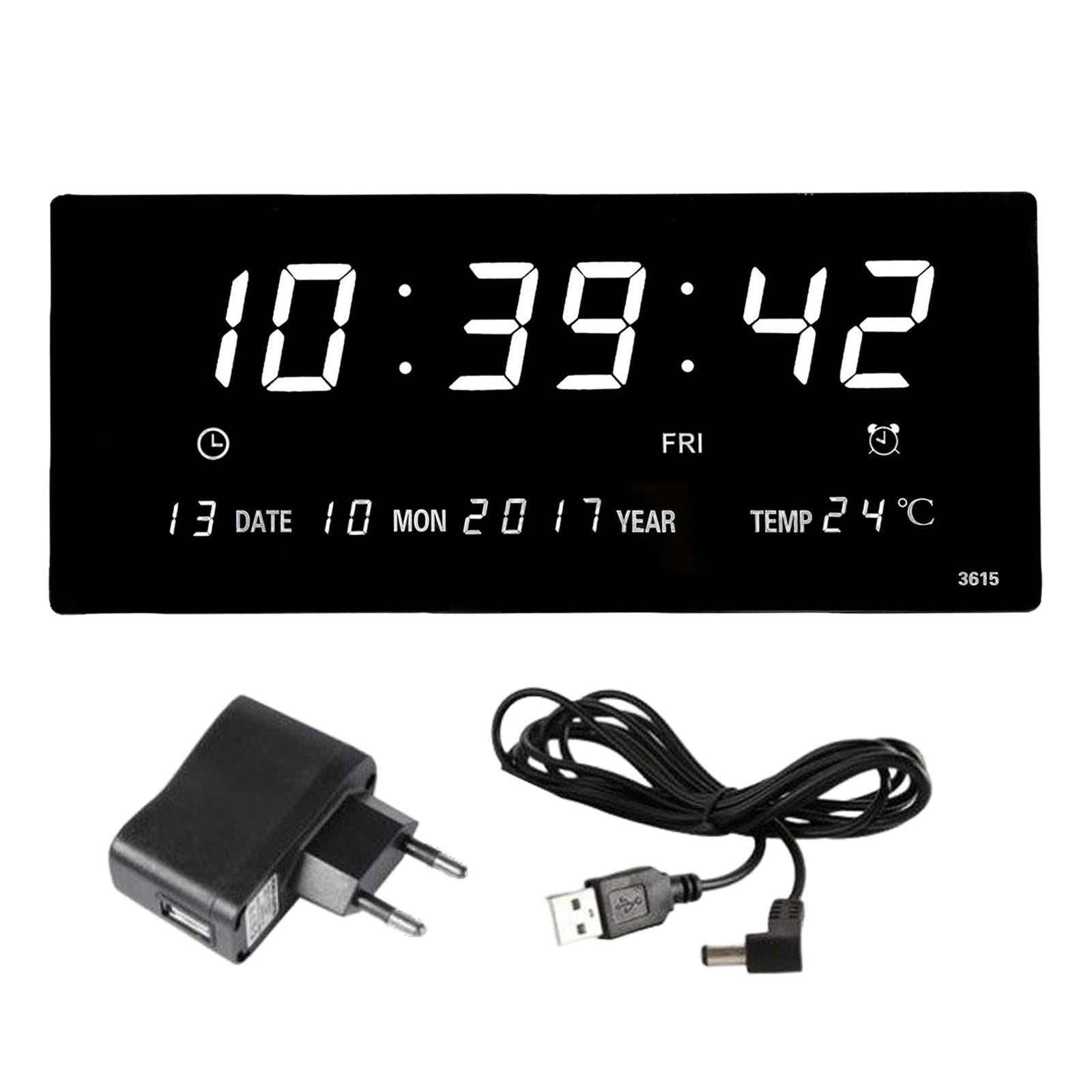 Reloj de pared LED eléctrico Carga USB Temperatura Decoración Números grandes Relojes de Reloj despertador para tienda Niñas Blanco