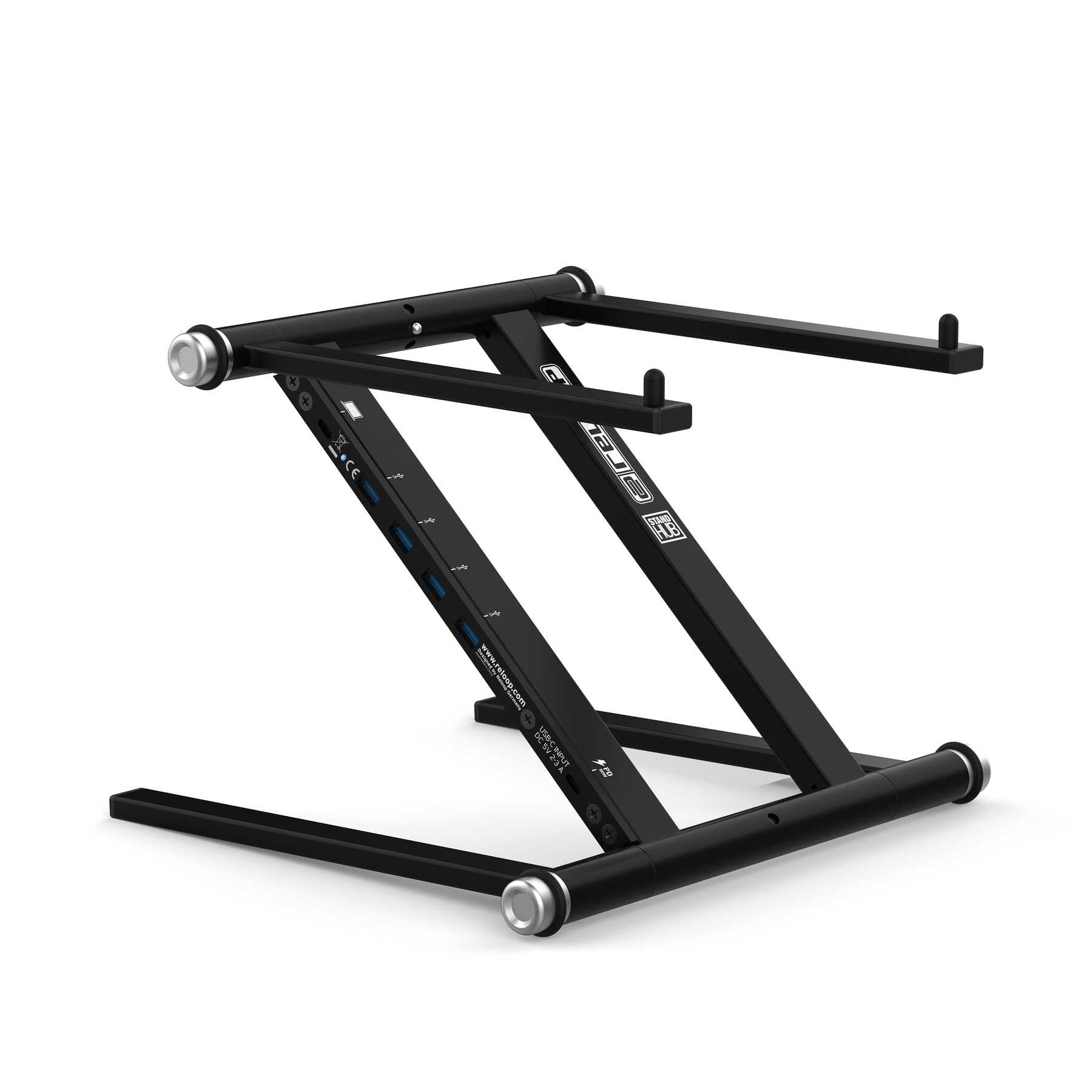 Reloop Adjustable Black Metal Laptop Stand with USB-C Hub