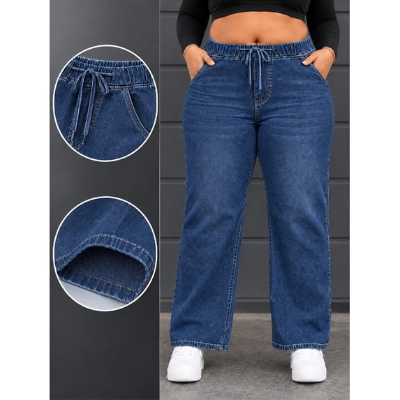 Reloust Women's Plus Size High-Rise Wide-Leg Drawstring Jeans, Deep Blue, 1XL