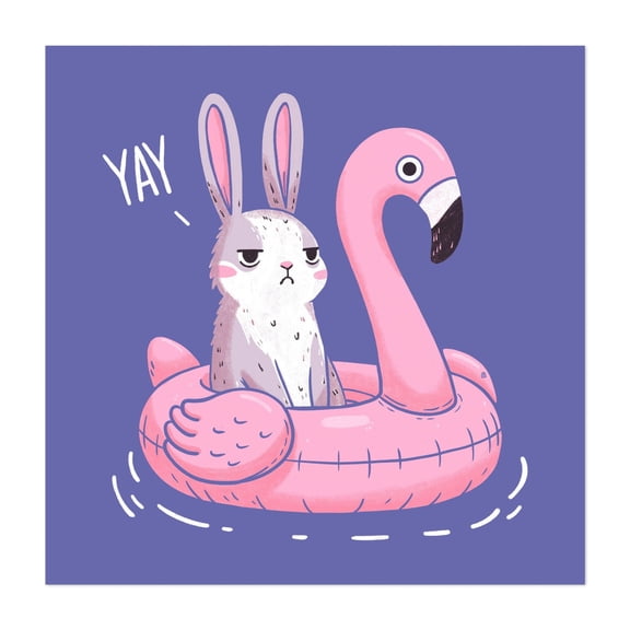 Reluctant Bunny Summer – Grumpy Rabbit on Flamingo Float - Drawing Humor Illustration Animal Flamingo Whimsical Quote Modern Art Unframed Wall Art Print 10 x 10 inches