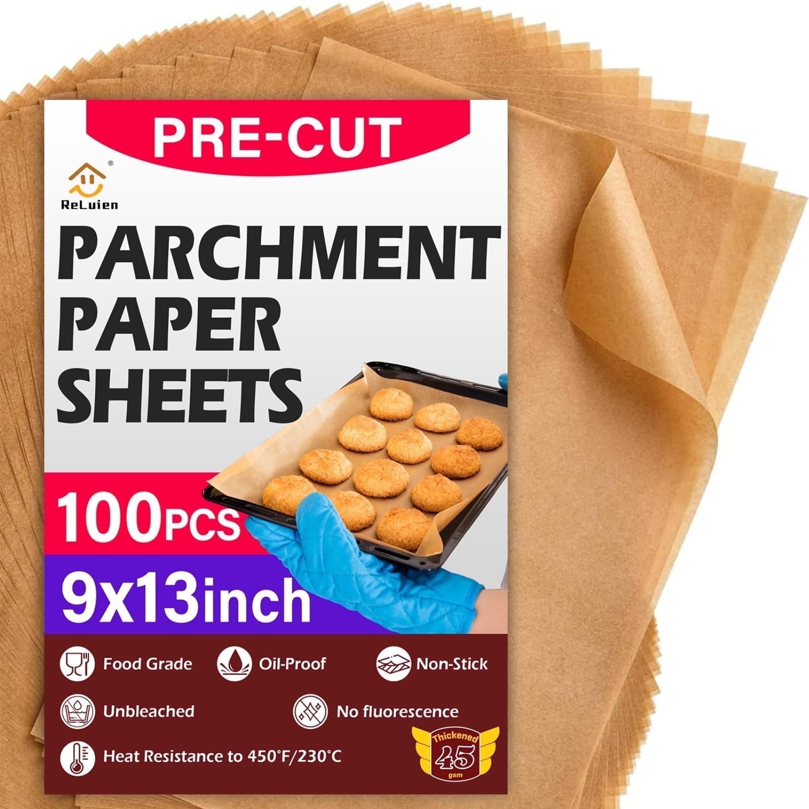 ReLuien Parchment Paper Sheets 9x13 inch, 100 Count Unbleached Non-Stick Baking Paper for Baking