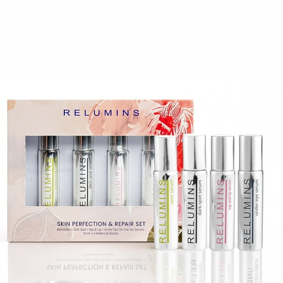 Relumins Advance White On-the-Go Rollerball Serum Set - 4-Piece Face, Eye, Lip & Skin Care Kit - Hydrating, Nourishing, Radiance-Boosting Travel Serums - Natural Botanical Ingredients
