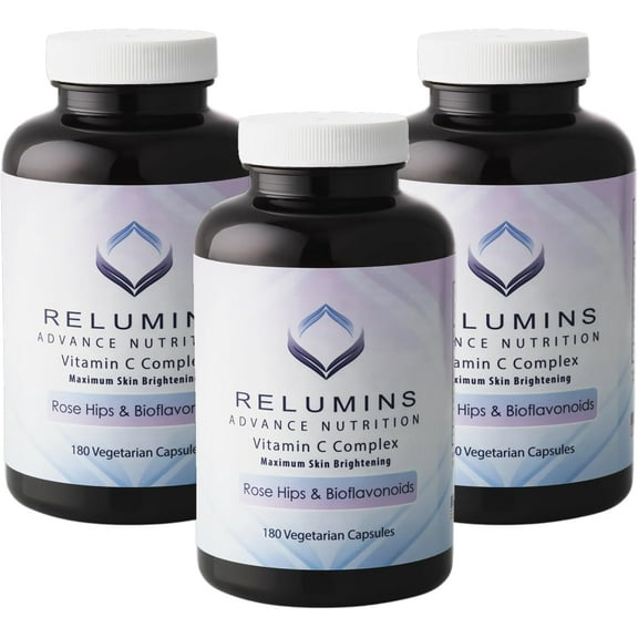 Relumins Advanced Vitamin C Supplement with Rose HIPS 1000mg of Vitamin C, Immune Support & Collagen Production, Made in USA - 180 Capsules x 3 Bottles (9-Month Supply)