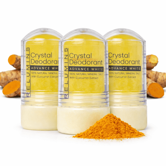 Relumins Crystal Deodorant, All-Natural Mineral Salt Roll-On, Non-Staining, Aluminum-Free, Post-Shave Deo for Calm and Balance Skin with 24-Hour Odor Protection - Cucurmin 60g x 3 Bottles